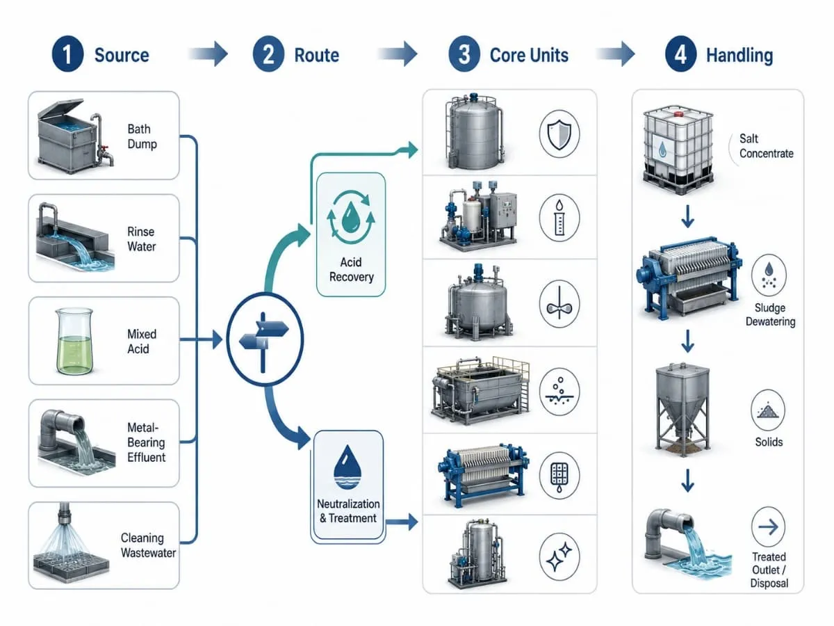 Acidic wastewater treatment route diagram from water data to equipment scope