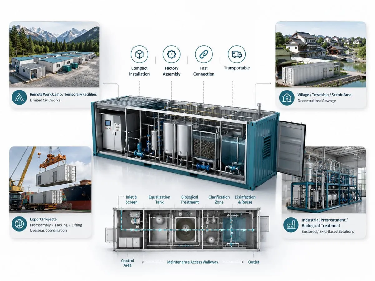 Containerized wastewater treatment plant layout diagram with process equipment zones