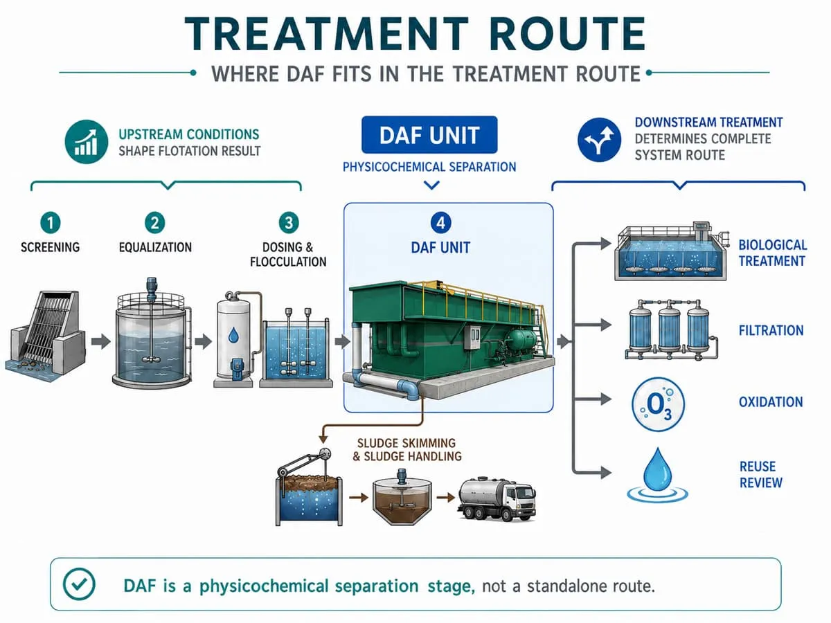 DAF pretreatment process route from screening equalization dosing flotation to downstream treatment