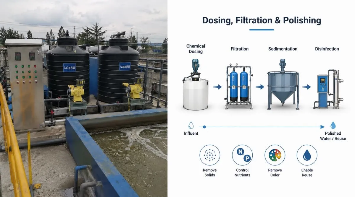 Dosing filtration and polishing equipment for food and beverage wastewater