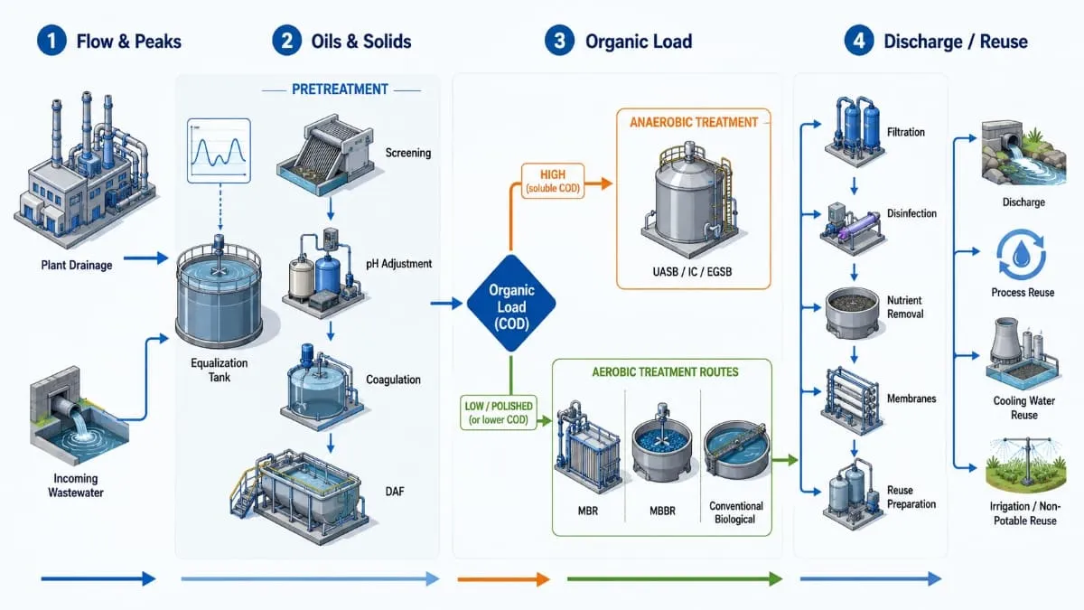 Food and beverage wastewater process route from screening and DAF to anaerobic and biological treatment