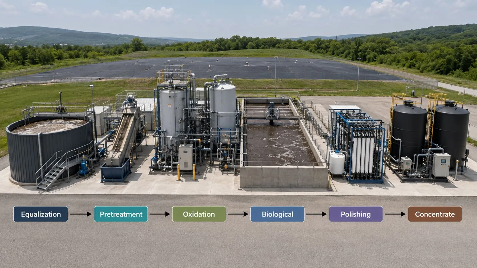 Leachate treatment process flow from equalization to concentrate handling