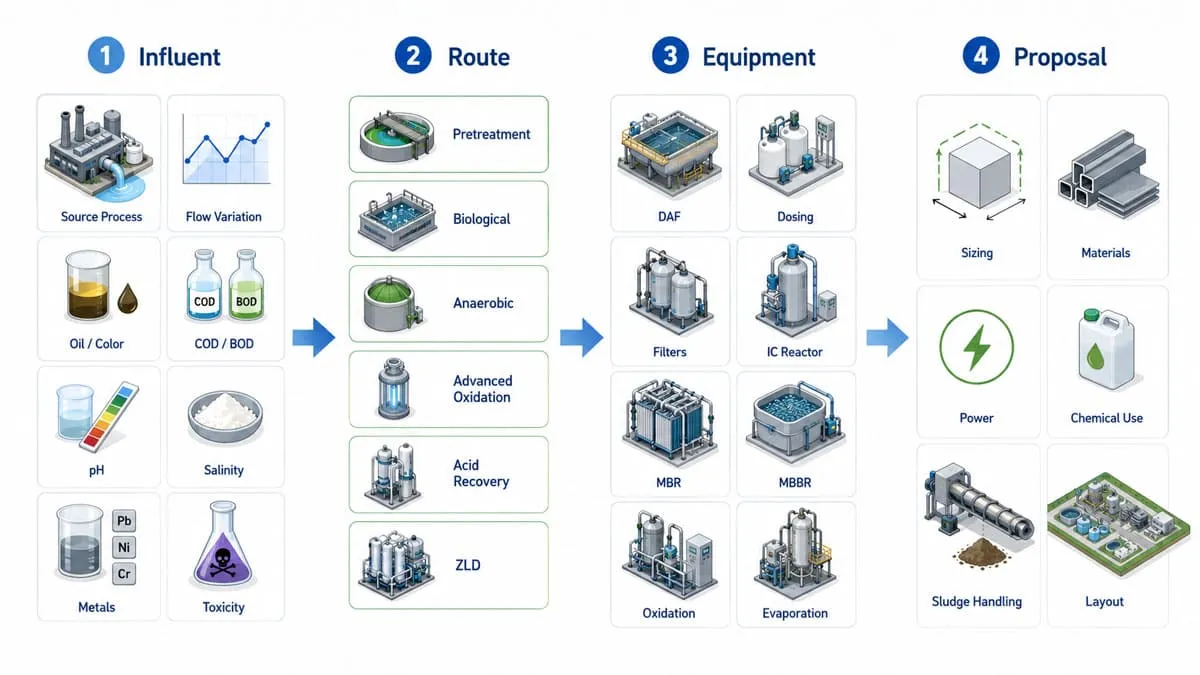 Process route diagram from industrial wastewater data to treatment equipment scope