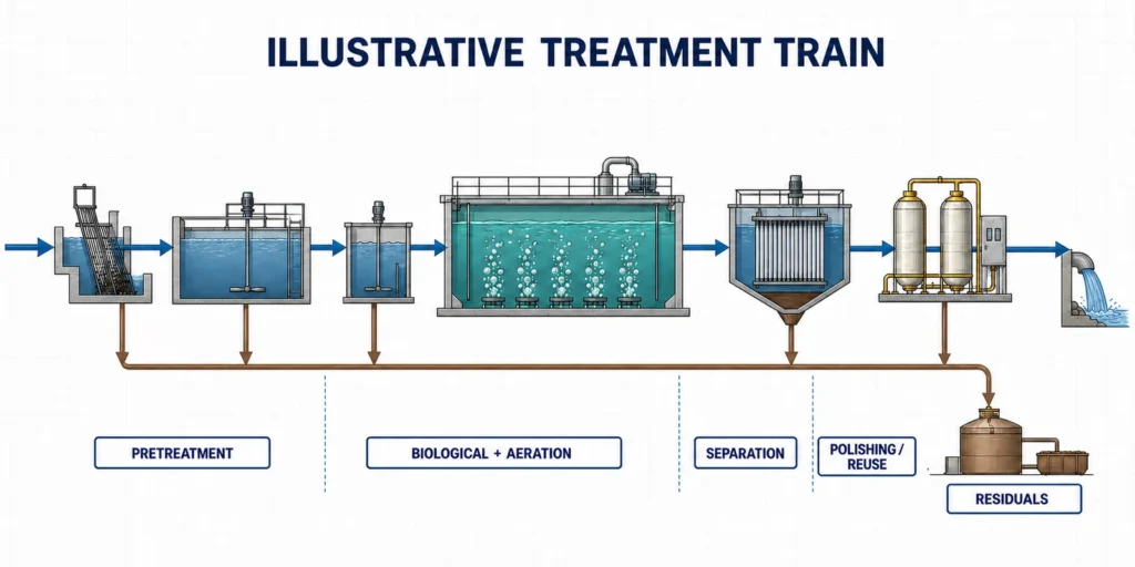 Aeration Systems for Wastewater Treatment: Types, Design Inputs and Selection 5 Process flow showing pretreatment, biological reactor with aeration, solids or membrane separation, polishing, and residuals management