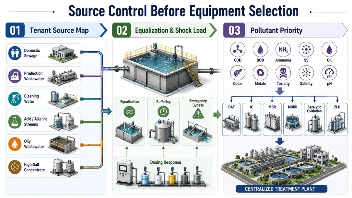 diagram showing multiple wastewater sources flowing to a central treatment plant
