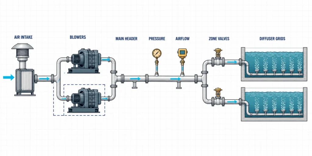 Aeration Systems for Wastewater Treatment: Types, Design Inputs and Selection 4 Engineering schematic showing air intake, blower, main header, zone valves, airflow and pressure measurement, and diffuser grids