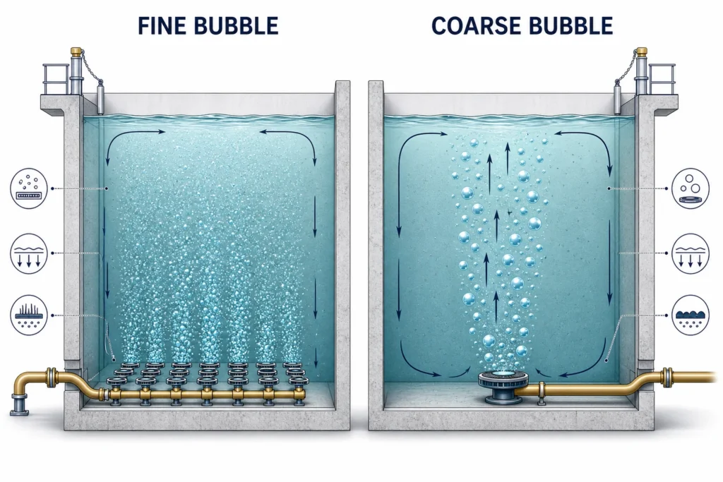 Aeration Systems for Wastewater Treatment: Types, Design Inputs and Selection 3 Side-by-side tank cross sections comparing fine-bubble and coarse-bubble diffuser patterns, mixing and airflow paths