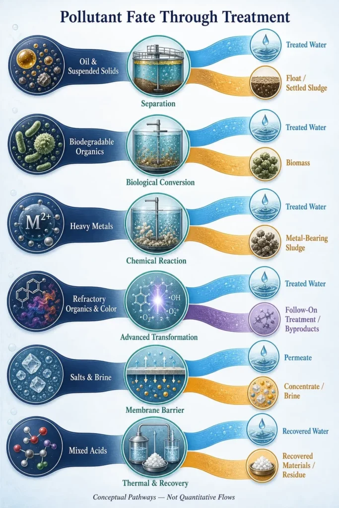 Industrial Wastewater Treatment Methods: Types, Applications and Limitations 4 Pollutant treatment pathways showing treated water, sludge, concentrate and recovered material outcomes
