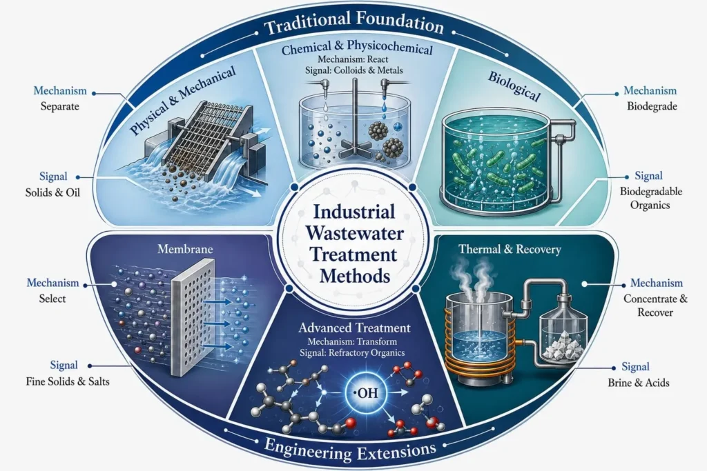 Industrial Wastewater Treatment Methods: Types, Applications and Limitations 2 Six industrial wastewater treatment method families grouped by treatment mechanism and water-quality signal