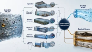 Resources 5 treatment-train.webpIndustrial wastewater treatment methods combined into a project-specific treatment train with treated water and residual streams