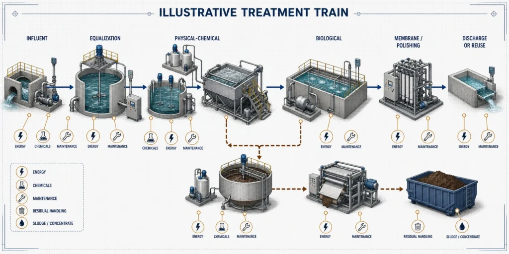 How Much Does an Industrial Wastewater Treatment System Cost? 4 Illustrative industrial wastewater treatment train with equipment, utility and residual cost points