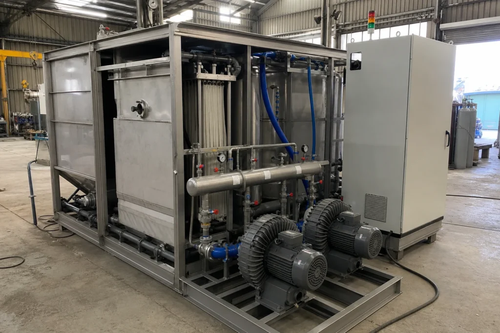 Aeration Systems for Wastewater Treatment: Types, Design Inputs and Selection 6 Illustrative integrated wastewater treatment package with blowers, air manifold, membrane rack, piping and control cabinet in a workshop