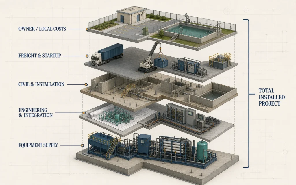 How Much Does an Industrial Wastewater Treatment System Cost? 2 Layered wastewater treatment cost diagram showing equipment, engineering, civil work, installation, freight and startup