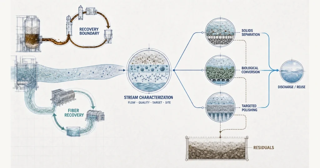Pulp and Paper Industry Wastewater Treatment 1 Scientific treatment map separating black liquor recovery and fiber recovery from wastewater characterization, conditional treatment responsibilities, discharge or reuse, and residuals