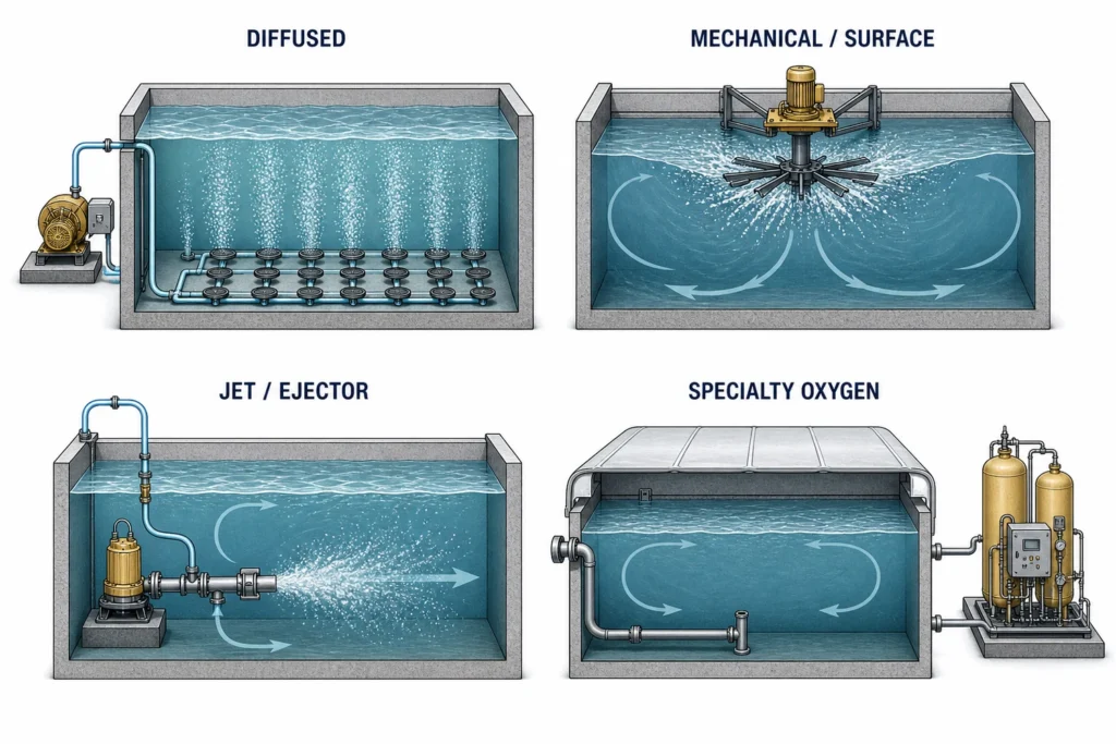 Aeration Systems for Wastewater Treatment: Types, Design Inputs and Selection 2 Four-panel comparison of diffused, mechanical surface, jet ejector, and specialty oxygen aeration principles