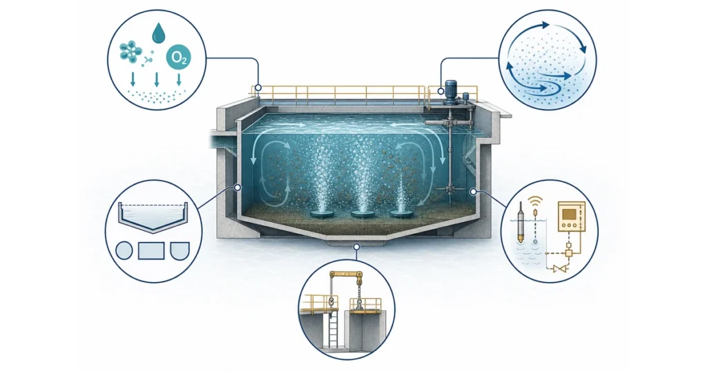 Aeration Systems for Wastewater Treatment: Types, Design Inputs and Selection 1 Scientific overview of a biological aeration basin connected to oxygen demand, mixing, basin geometry, controls and maintenance considerations