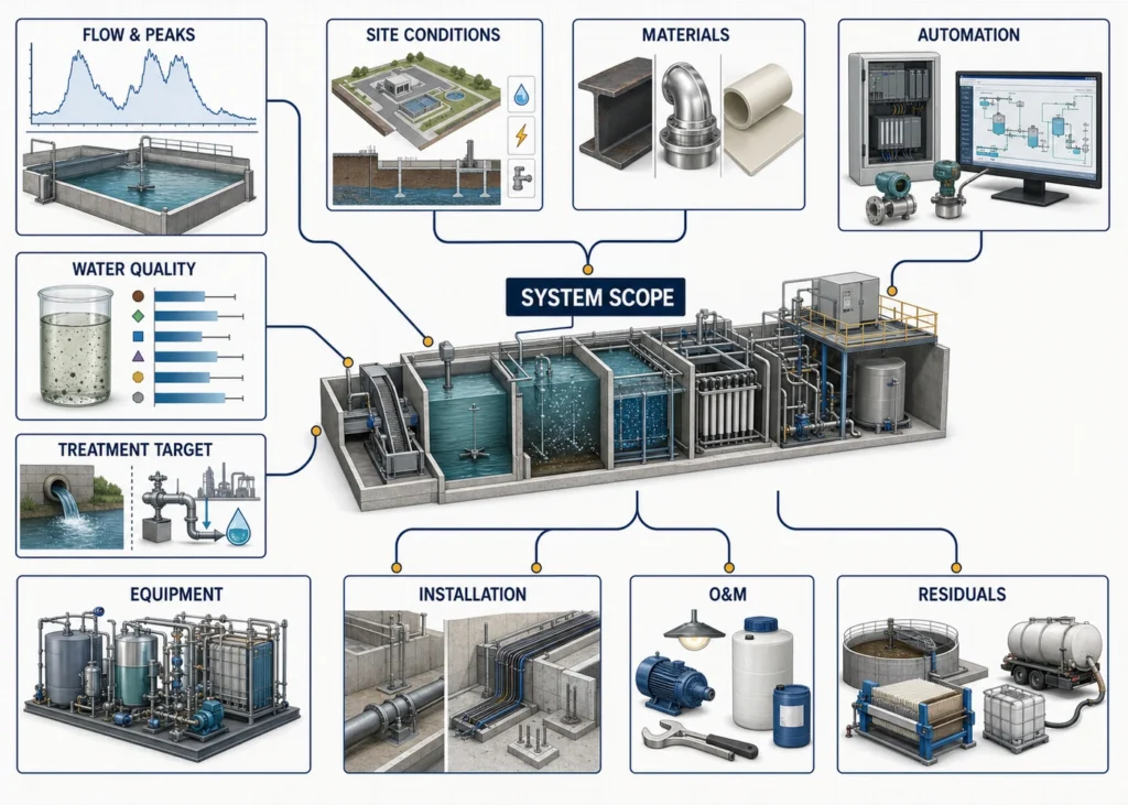 How Much Does an Industrial Wastewater Treatment System Cost? 3 Decision map linking flow, pollutants, treatment target, site, materials and automation to wastewater project cost